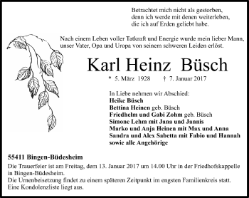 Traueranzeige von Karl Heinz Büsch von Trauerportal Rhein Main Presse