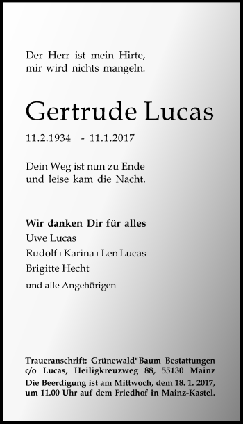 Traueranzeige von Gertrude Lucas von Trauerportal Rhein Main Presse