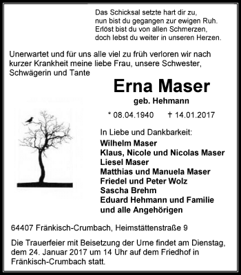 Traueranzeige von Erna Maser von Trauerportal Echo Online