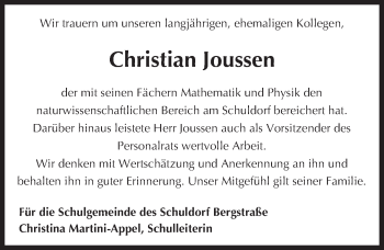Traueranzeige von Christian Joussen von Trauerportal Echo Online