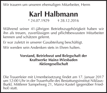Traueranzeige von Karl Halbmann von Trauerportal Rhein Main Presse