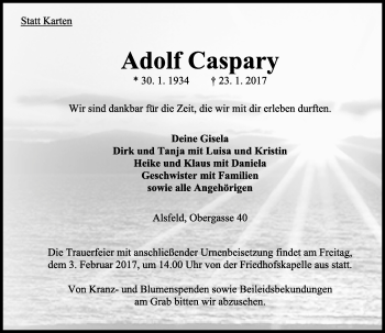Traueranzeige von Adolf Caspary von VRM Trauer