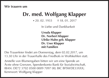 Traueranzeige von Wolfgang Klapper von Trauerportal Echo Online