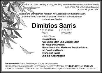 Traueranzeige von Dimitrios Sarris von Trauerportal Rhein Main Presse