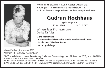 Traueranzeige von Gudrun Hochhaus von Trauerportal Rhein Main Presse