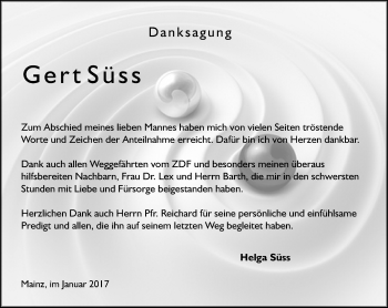 Traueranzeige von Gert Süss von Trauerportal Rhein Main Presse
