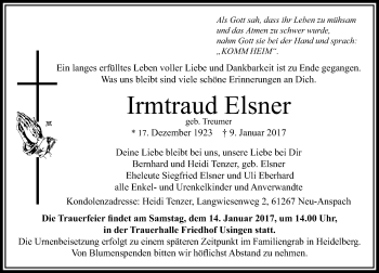 Traueranzeige von Irmtraud Elsner von  Usinger Anzeiger