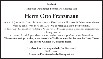 Traueranzeige von Otto Franzmann von Trauerportal Rhein Main Presse
