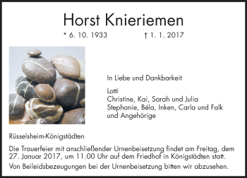 Traueranzeige von Horst Knieriemen von Trauerportal Rhein Main Presse