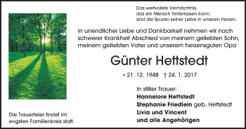 Traueranzeige von Günter Hettstedt von Trauerportal Echo Online