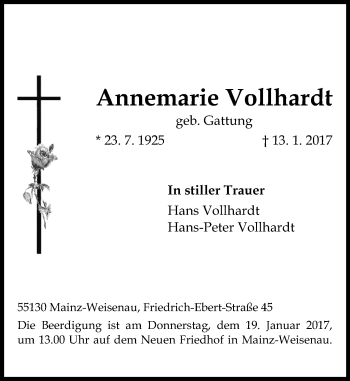 Traueranzeige von Annemarie Vollhardt von Trauerportal Rhein Main Presse