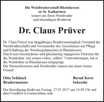 Traueranzeige von Claus Prüver von Trauerportal Rhein Main Presse