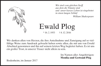 Traueranzeige von Ewald Plog von Trauerportal Rhein Main Presse