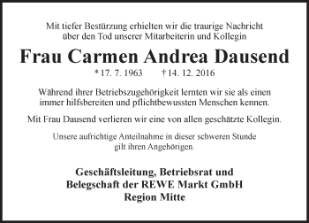 Traueranzeige von Carmen Andrea Dausend von Trauerportal Rhein Main Presse