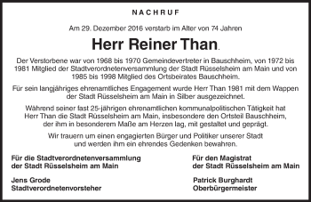 Traueranzeige von Reiner Than von Trauerportal Rhein Main Presse