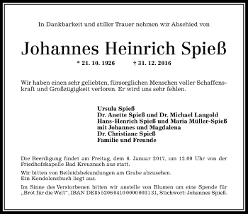 Traueranzeige von Johannes Heinrich Spieß von Trauerportal Rhein Main Presse