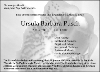 Traueranzeige von Ursula Barbara Pusch von Trauerportal Rhein Main Presse