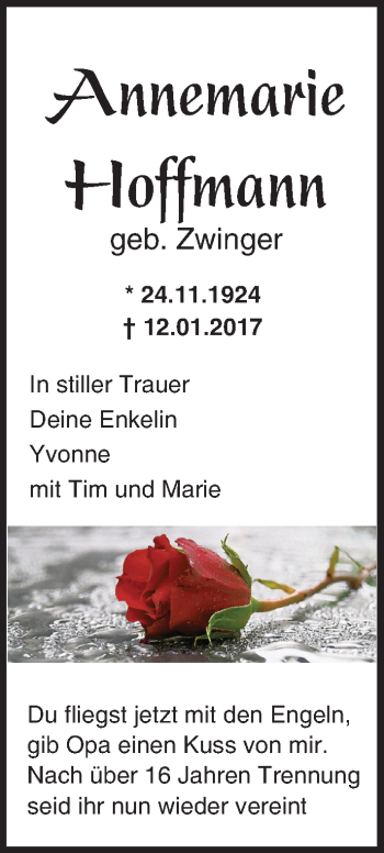 Traueranzeige von Annemarie Hoffmann von  Usinger Anzeiger