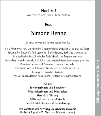Traueranzeige von Simone Renne von Trauerportal Rhein Main Presse