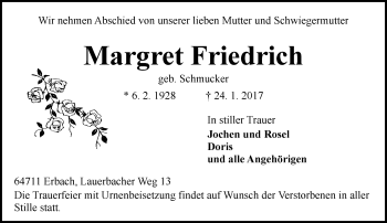 Traueranzeige von Margaret Friedrich von Trauerportal Echo Online