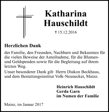 Traueranzeige von Katharina Hauschildt von Trauerportal Rhein Main Presse