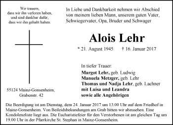Traueranzeige von Alois Lehr von Trauerportal Rhein Main Presse
