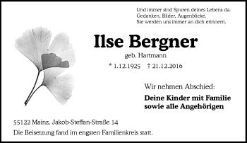 Traueranzeige von Ilse Bergner von Trauerportal Rhein Main Presse