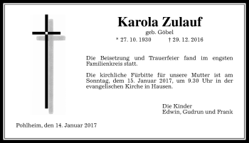 Traueranzeige von Karola Zulauf von  Gießener Anzeiger