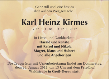 Traueranzeige von Karl Heinz Kirmes von Trauerportal Echo Online