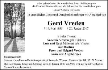 Traueranzeige von Gerd Vreden von Trauerportal Rhein Main Presse