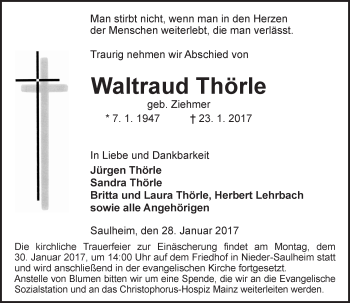 Traueranzeige von Waltraud Thörle von Trauerportal Rhein Main Presse