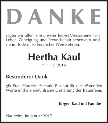 Traueranzeige von Hertha Kaul von Trauerportal Rhein Main Presse