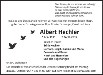 Traueranzeige von Albert Hechler von Trauerportal Echo Online