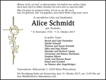 Traueranzeige von Alice Schmidt von Trauerportal Rhein Main Presse