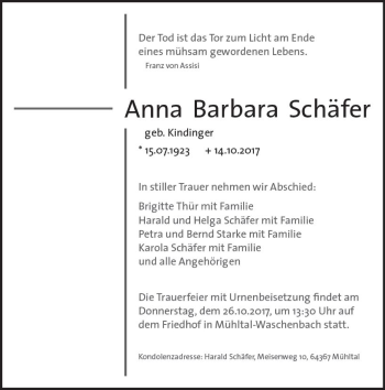 Traueranzeige von Anna Barbara Schäfer von Trauerportal Echo Online