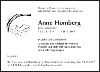 Traueranzeige von Anne Homberg von Trauerportal Rhein Main Presse