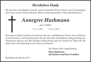 Traueranzeige von Annegret Huthmann von VRM Trauer