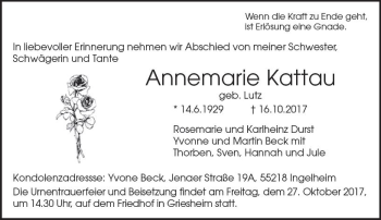Traueranzeige von Annemarie Kattau von Trauerportal Echo Online