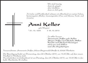 Traueranzeige von Anni  Keller von Trauerportal Rhein Main Presse