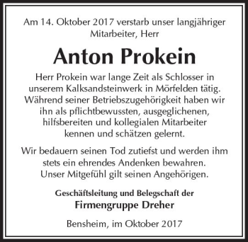 Traueranzeige von Anton Prokein von Trauerportal Echo Online
