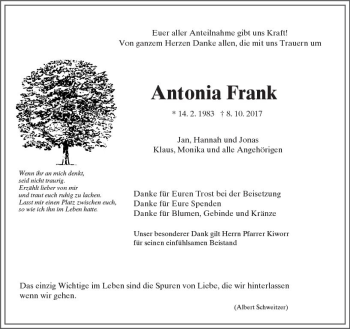 Traueranzeige von Antonia Frank von Trauerportal Rhein Main Presse