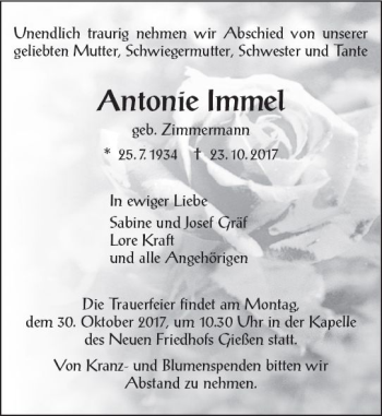 Traueranzeige von Antonie Immel von  Gießener Anzeiger
