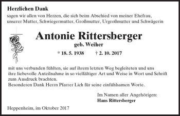 Traueranzeige von Antonie Rittersberger von Trauerportal Echo Online