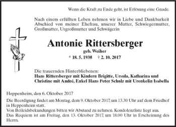 Traueranzeige von Antonie Rittersberger von Trauerportal Echo Online