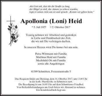 Traueranzeige von Apollonia Heid von  Usinger Anzeiger