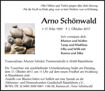 Traueranzeige von Arno Schönwald von Trauerportal Rhein Main Presse