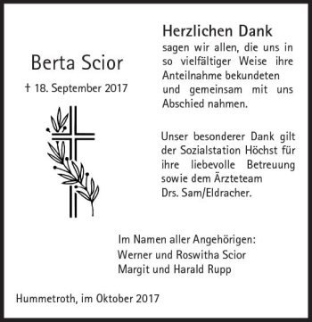 Traueranzeige von Berta Scior von Trauerportal Rhein Main Presse