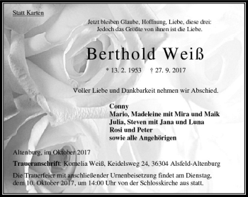 Traueranzeige von Berthold Weiß von VRM Trauer