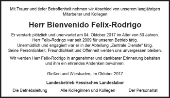 Traueranzeige von Bienvenido Felix-Rodrigo von Trauerportal Rhein Main Presse