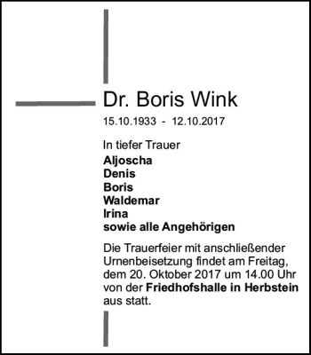 Traueranzeige von Boris Wink von VRM Trauer